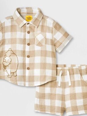 2pc Disney Winnie the Pooh Plaid Gauze Short Sleeve Shirts & Short Set